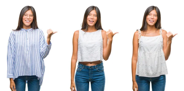 Collage Mujer Joven Asiática Pie Con Gafas Sobre Fondo Blanco —  Fotos de Stock