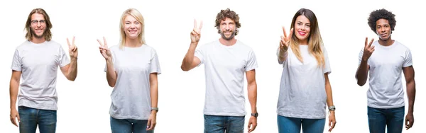 Colagem Grupo Pessoas Vestindo Camiseta Branca Casual Sobre Fundo Isolado — Fotografia de Stock