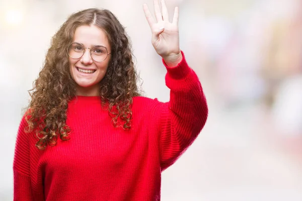 Bella Bruna Capelli Ricci Ragazza Che Indossa Occhiali Maglione Invernale — Foto Stock