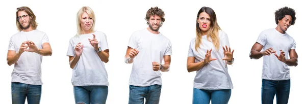 Colagem Grupo Pessoas Vestindo Camiseta Branca Casual Sobre Fundo Isolado — Fotografia de Stock