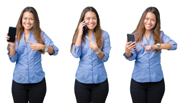Collage Beautiful Young Business Woman Using Smartphone Isolated Background Very — Stock Photo, Image