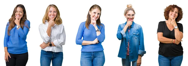 Collage Einer Gruppe Schöner Frauen Vor Weißem Hintergrund Die Selbstbewusst — Stockfoto