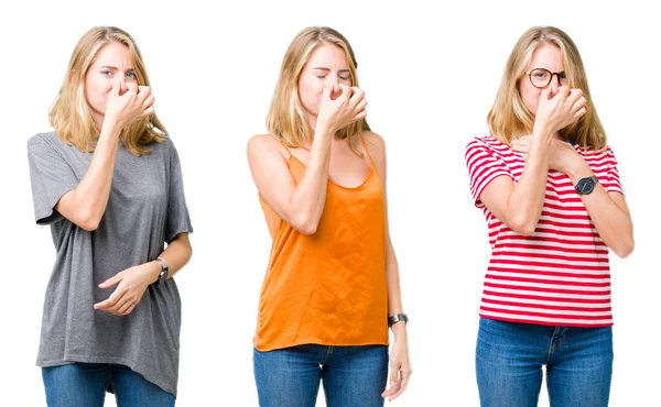 Collage Hermosa Mujer Rubia Sobre Fondo Blanco Aislado Oliendo Algo — Foto de Stock