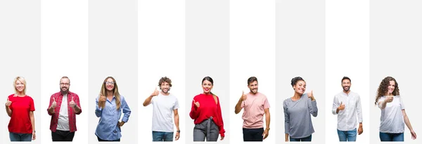 拼贴不同的种族年轻人在白色条纹隔离背景做愉快的竖起大拇指手势用手 查看显示成功的相机的审批表情 — 图库照片