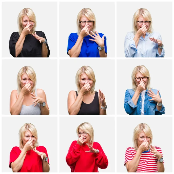 Collage of beautiful blonde woman wearing differents casual looks over isolated background smelling something stinky and disgusting, intolerable smell, holding breath with fingers on nose. Bad smells concept.