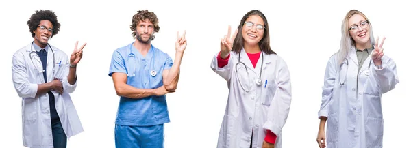 Collage Grupo Médicos Enfermeras Cirujanos Sobre Fondo Aislado Sonriendo Con — Foto de Stock