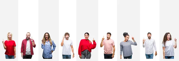 Collage Diferentes Etnias Jóvenes Sobre Rayas Blancas Fondo Aislado Apuntando — Foto de Stock