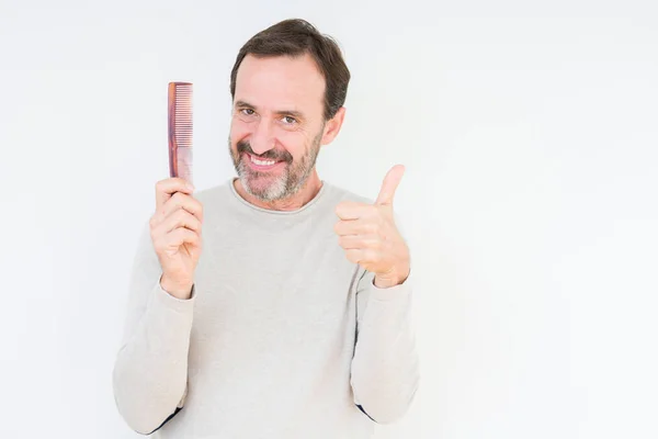 Senior Man Holding Hair Comb Isolated Background Happy Big Smile — Stock Photo, Image