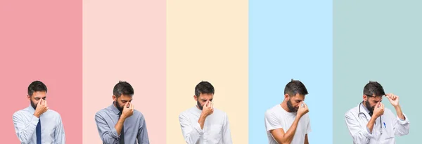 Collage Van Knappe Man Kleurrijke Strepen Geïsoleerd Achtergrond Moe Wrijven — Stockfoto