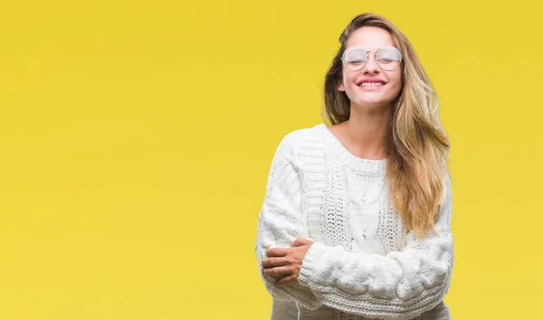 Junge Schöne Blonde Frau Mit Winterpullover Und Sonnenbrille Über Isoliertem — Stockfoto