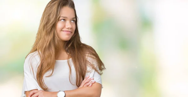 Jonge Mooie Brunette Zakenvrouw Geïsoleerde Achtergrond Glimlachend Uitziende Kant Staren — Stockfoto