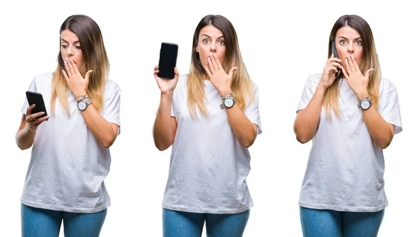 Collage Joven Hermosa Mujer Usando Teléfono Inteligente Sobre Aislado Fondo —  Fotos de Stock