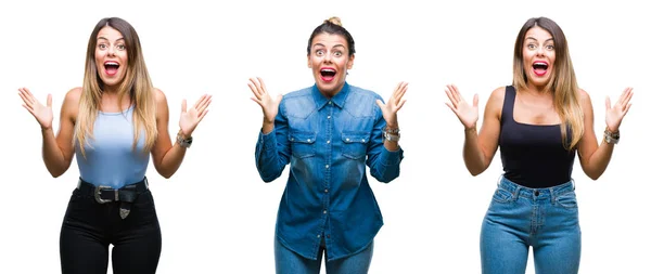 Collage Einer Jungen Schönen Frau Vor Isoliertem Hintergrund Die Verrückt — Stockfoto