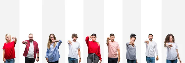 Collage Diferentes Etnias Jóvenes Sobre Rayas Blancas Fondo Aislado Buscando — Foto de Stock