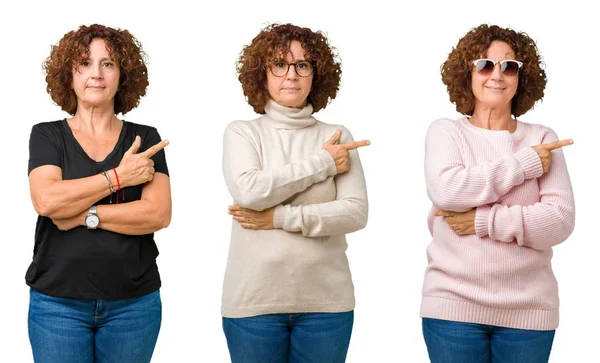 中年老年妇女拼贴在白色被隔绝的背景指向旁边用手指显示广告 严肃和平静的面孔 — 图库照片
