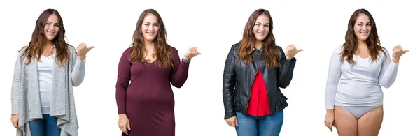 Collage Hermosa Mujer Tamaño Grande Sobre Fondo Aislado Sonriendo Con — Foto de Stock