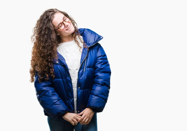 Hermosa Joven Morena Pelo Rizado Chica Con Abrigo Invierno Gafas —  Fotos de Stock