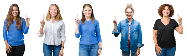 白い分離背景表示と自信を持って 幸せな笑みを浮かべて 指番号のいずれかで上向きに美しい女性のグループのコラージュ — ストック写真