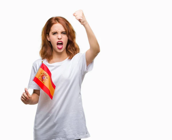 Junge Schöne Frau Mit Spanischen Fahne Über Isoliertem Hintergrund Genervt — Stockfoto