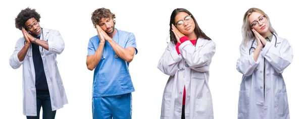 Collage Grupo Médicos Enfermeras Cirujanos Sobre Fondo Aislado Durmiendo Cansados —  Fotos de Stock