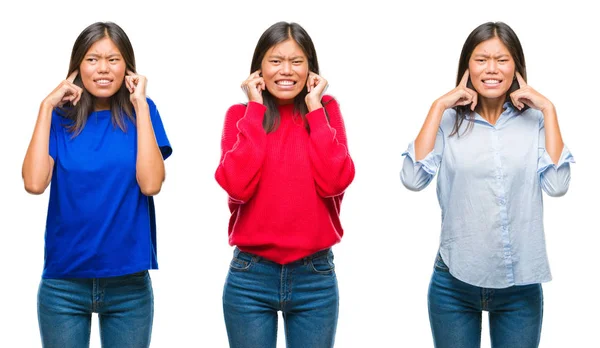 騒々しい音楽のノイズの腹式指で耳を覆う白い分離背景の上に立ってアジアの若い女性のコラージュ 聴覚障害者の概念 — ストック写真