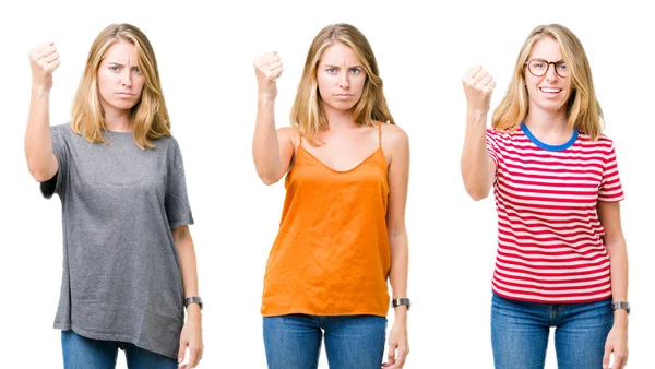 Collage Beautiful Blonde Woman White Isolated Background Angry Mad Raising — Stock Photo, Image