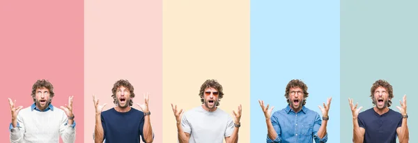 Collage Von Jungen Lässigen Mann Über Bunten Streifen Isolierten Hintergrund — Stockfoto
