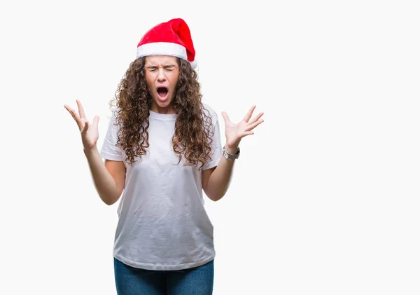 Giovane Ragazza Bruna Indossa Cappello Natale Sfondo Isolato Celebrando Pazzo — Foto Stock