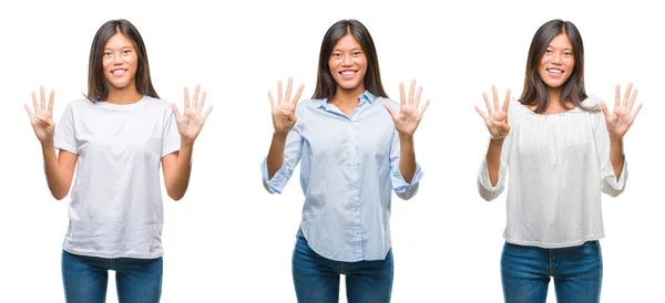 亚洲年轻女子站在白色孤立的背景显示和指向与手指 同时微笑着自信和快乐的拼贴 — 图库照片