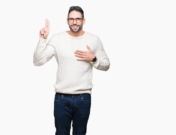 Young Handsome Man Wearing Glasses Isolated Background Swearing Hand Chest — Stock Photo, Image