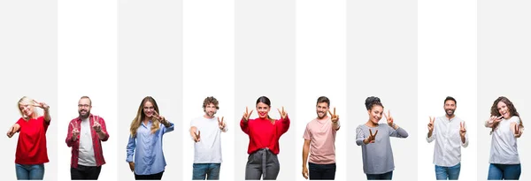 Collage Diverse Etnie Giovani Strisce Bianche Sfondo Isolato Sorridente Guardando — Foto Stock