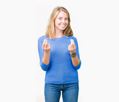 Maaş ödeme için milyoner iş soran izole arka plan yapıyor para hareketi el ile üzerinden mavi kazak giyen güzel genç kadın