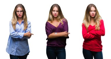 Kolaj izole arka plan şüpheci ve sinir, onaylamayan ifade yüz çapraz kolları olan genç güzel sarışın kadın. Negatif kişi.