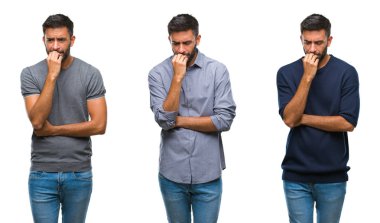 Yakışıklı genç Hintli adam stresli ve gergin ile izole arka plan üzerinde kolaj tırnak ısırma dudaklarından eller. Anksiyete sorunu.