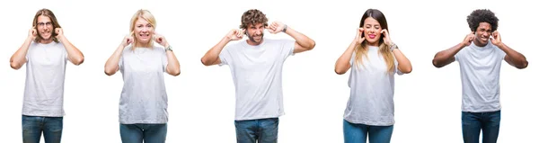 Collage Van Groep Mensen Dragen Casual Wit Shirt Geïsoleerde Achtergrond — Stockfoto