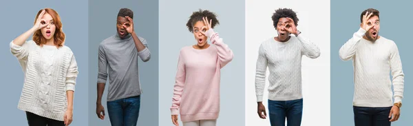 Collage Gruppen Afroamerikanska Och Spansktalande Människor Bär Vinter Tröja Över — Stockfoto