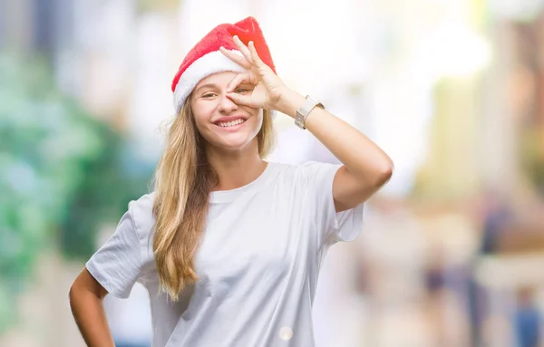 Joven Hermosa Mujer Rubia Con Sombrero Navidad Sobre Fondo Aislado —  Fotos de Stock