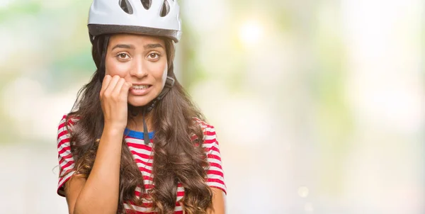 Young Arab Cyclist Woman Wearing Safety Helmet Isolated Background Looking — Stock Photo, Image