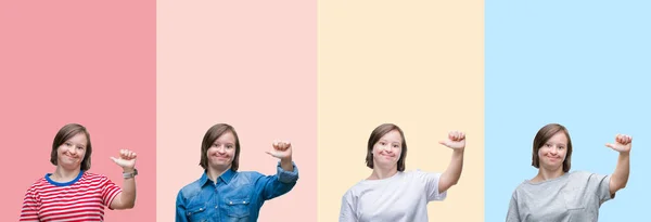 Коллаж Синдрома Дауна Женщина Над Красочными Полосками Изолированный Фон Показывая — стоковое фото