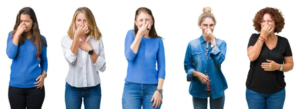 Collage Van Groep Van Mooie Vrouwen Witte Geïsoleerd Achtergrond Iets — Stockfoto