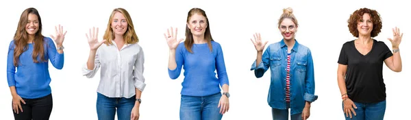 Коллаж Группы Красивых Женщин Белом Изолированном Фоне Показывая Указывая Пальцами — стоковое фото