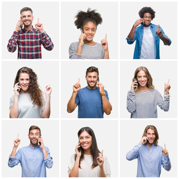 Collage Van Groep Jongeren Bellen Met Smartphone Geïsoleerd Achtergrond Verrast — Stockfoto