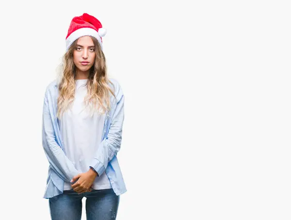 Krásná Mladá Blond Žena Nosí Vánoční Čepice Izolované Pozadí Vážným — Stock fotografie