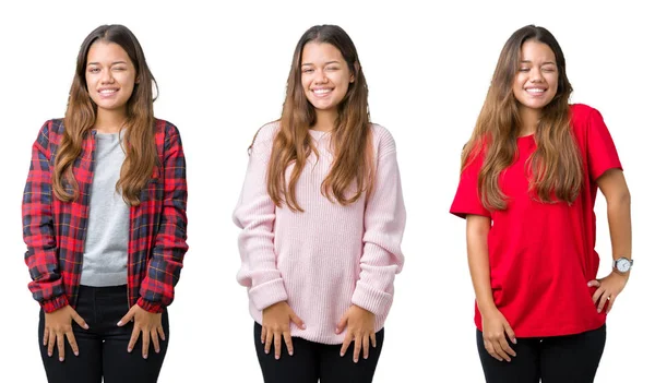 Collage Van Mooie Jonge Vrouw Geïsoleerde Achtergrond Winking Kijken Naar — Stockfoto