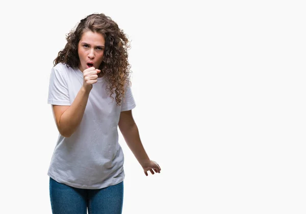 Mooie Brunette Krullend Haar Jong Meisje Dragen Casual Shirt Geïsoleerde — Stockfoto