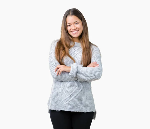 Joven Hermosa Morena Vistiendo Suéter Sobre Fondo Aislado Cara Feliz —  Fotos de Stock