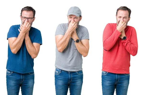 Collage Handsome Senior Man White Isolated Background Smelling Something Stinky — Stock Photo, Image