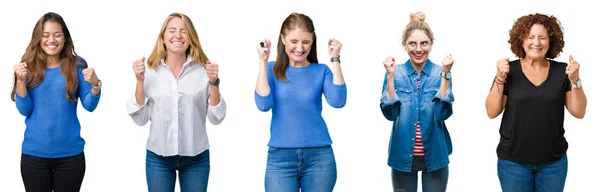 Collage Van Groep Van Mooie Vrouwen Witte Geïsoleerde Achtergrond Enthousiast — Stockfoto
