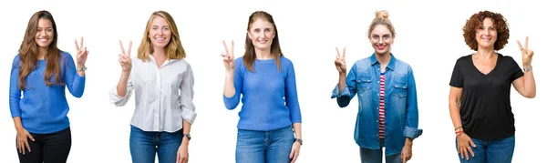 Коллаж Группы Красивых Женщин Белом Изолированном Фоне Показывая Показывая Пальцами — стоковое фото