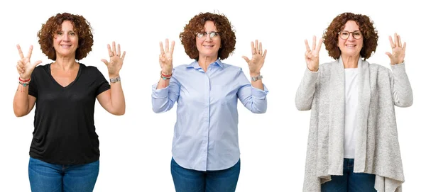 Orta Yaş Kadın Kıdemli Gösterilen Parmakları Ile Işaret Beyaz Izole — Stok fotoğraf